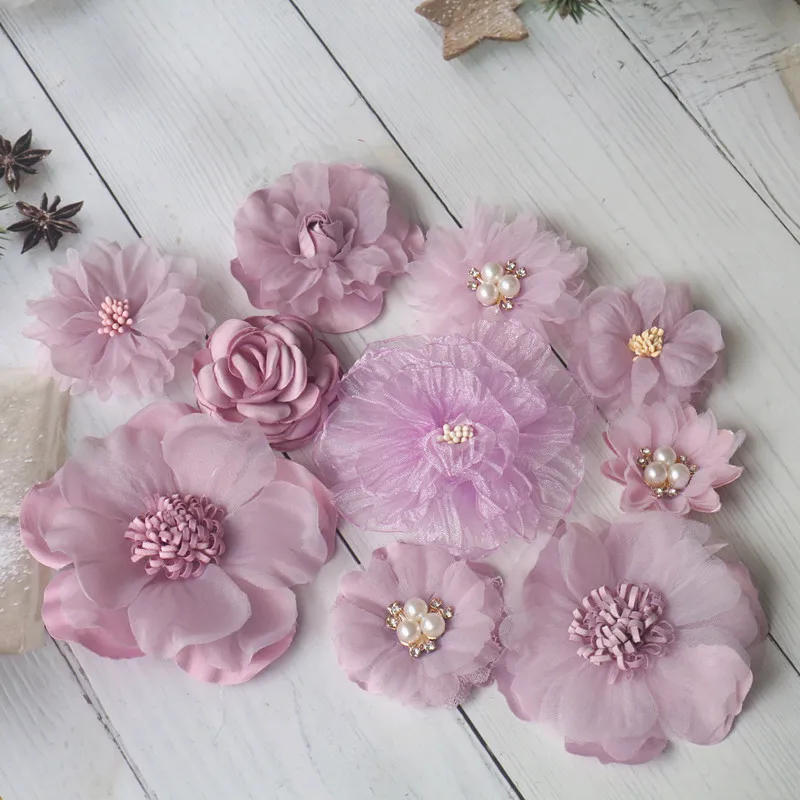 10PCS/Lot Purple Series Mix Styles Set Chiffon Fabric Flowers For Wedding Invitation Artificial Flowers For Dress Hat Decoration