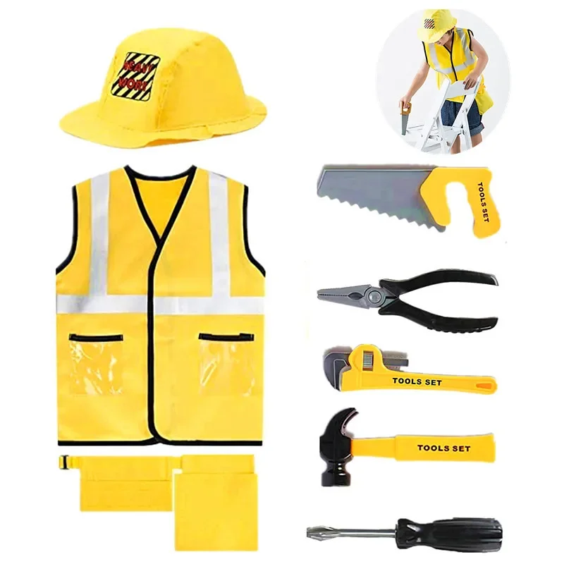 3-6Y Kids Construction Worker Costume Toddler Worker Career Dress Up Vest Matching 5PC Toy Repair Tool Set Best Gift for Kids