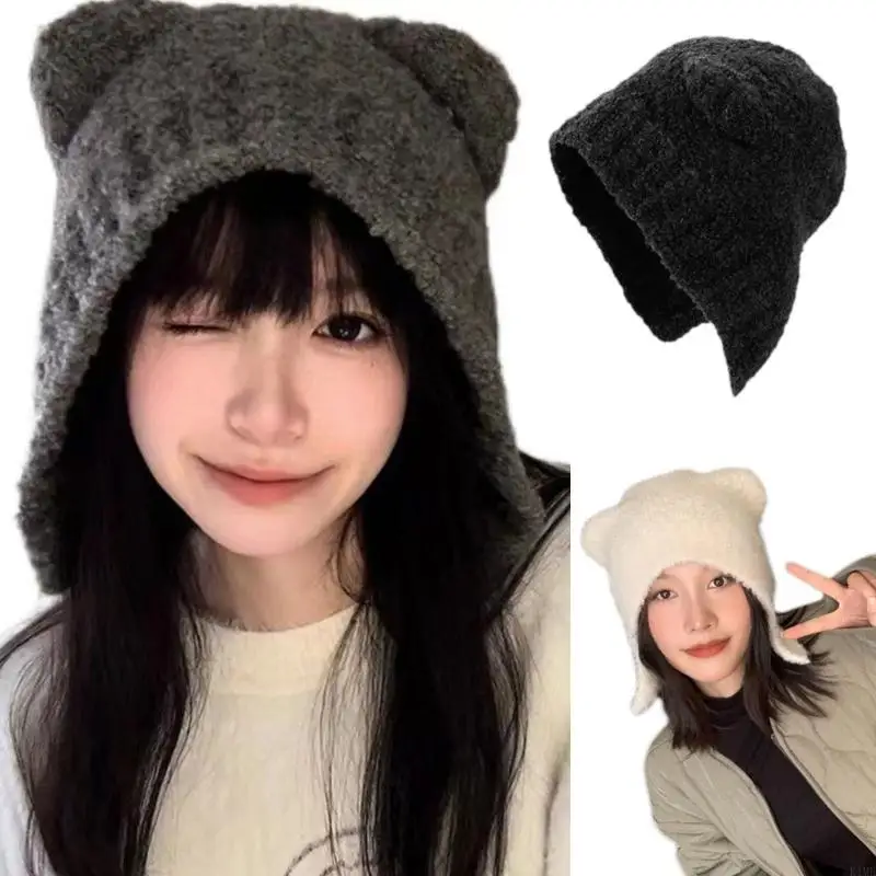 K1ME Female Winter Hat Thick Fleece Hat Bear Ear Costume Hat Warm Ear Muffs Hat Girl Breathable Caps Windproof Headwear