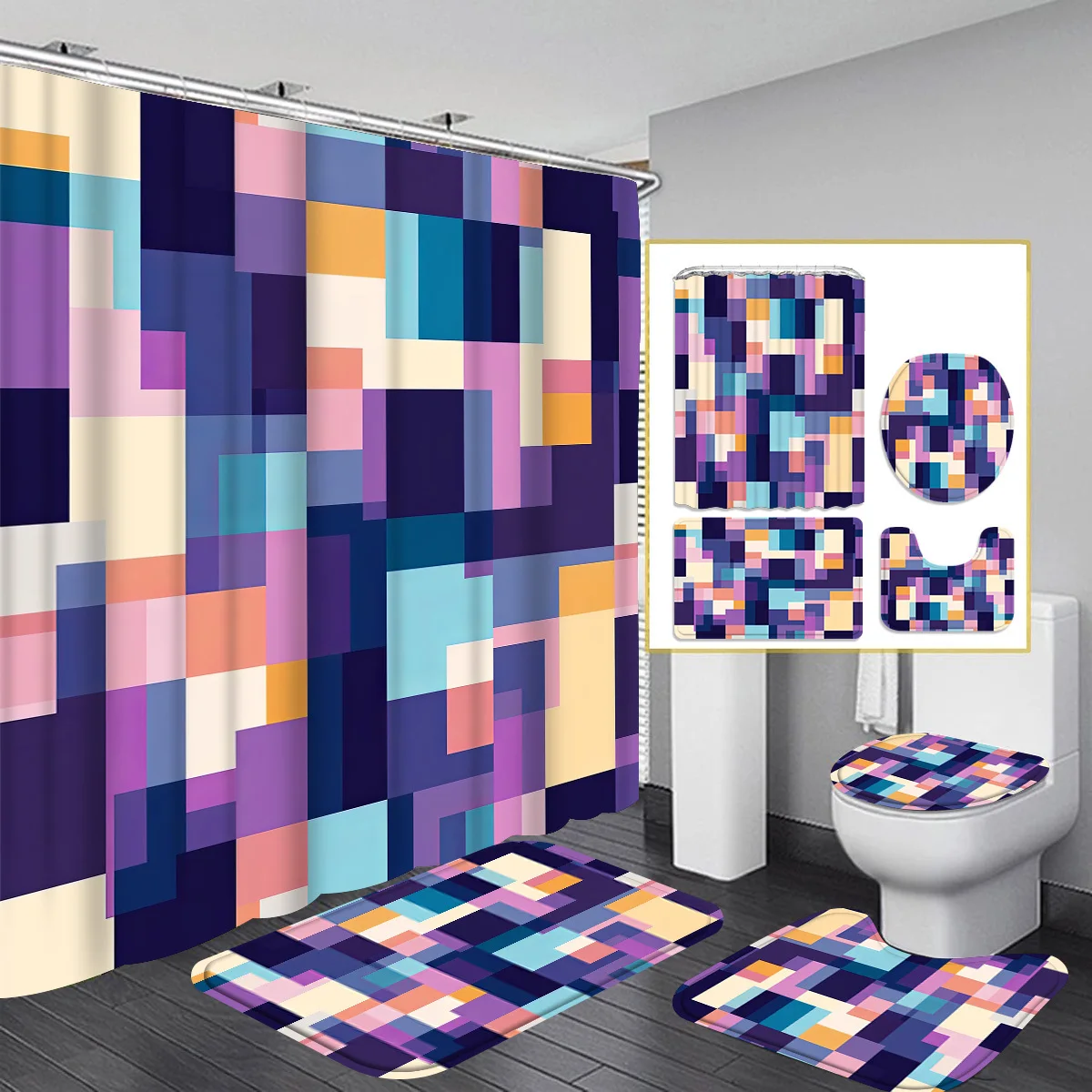 

Занавеска для душа и набор для ванной комнаты Creative Grid — яркий геометрический дизайн, полиэстер, который можно стирать в машине, 12 крючков, чехол на сиденье унитаза