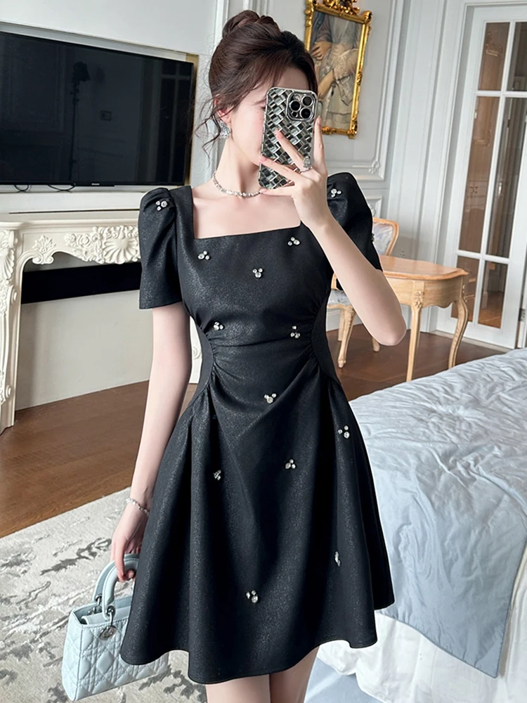 ผู้หญิงหรูหราชุดเจ้าหญิงหวานสุภาพสตรีภาษาฝรั่งเศสคําเพชรพับเอวจีบชุดหญิง PARTY PROM Vestidos NIght Club เสื้อผ้า