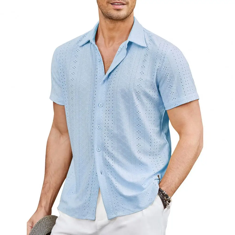 Solid Color Summer Shirt Stylish Men's Hollow Out Summer Shirt with Turn-down Collar Short Sleeves Breathable Vacation for A