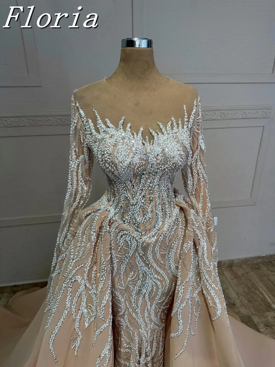 

Gorgeous Mermaid Wedding Dress Illusion Neck Long Sleeves Bridal Gowns Pearls Sequins Detachable Train Dresses Custom Made