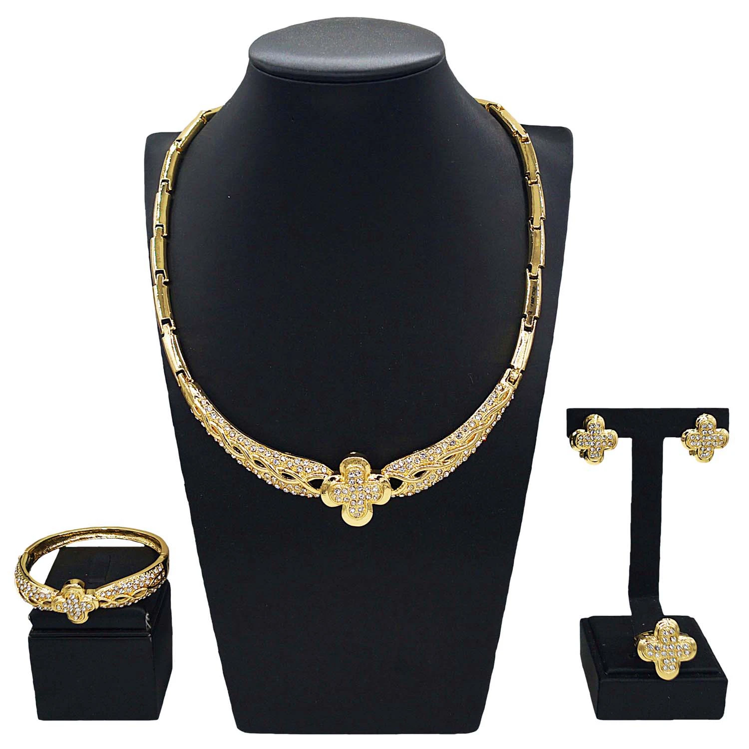 

Yuleili new four-piece luxury jewelry set 24K gold-plated diamond four-leaf clover flowers personality romantic engagement jewel