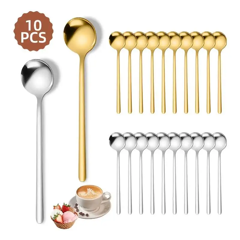 10pcs Stainless Steel Coffee Spoons, Dessert Spoons, Teaspoons, Seasoning Spoons,Suitable For Home, Cafe,Party, Kitchen Supplies
