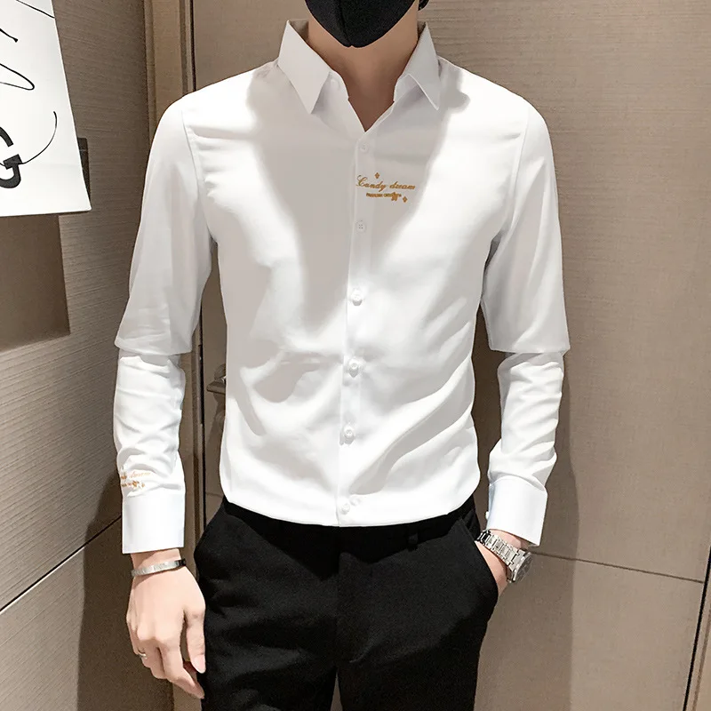 Men's Shirts Long-sleeved Korean Style Trendy Men's Free-iron New Style Handsome Trendy Casual Embroidered Shirt