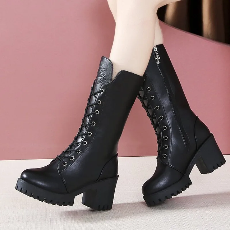 European and American High-heeled Mid Length Boots 2024 Autumn New Style Simple Square Heel Anti Slip Temperament Women's Boots - Image 3