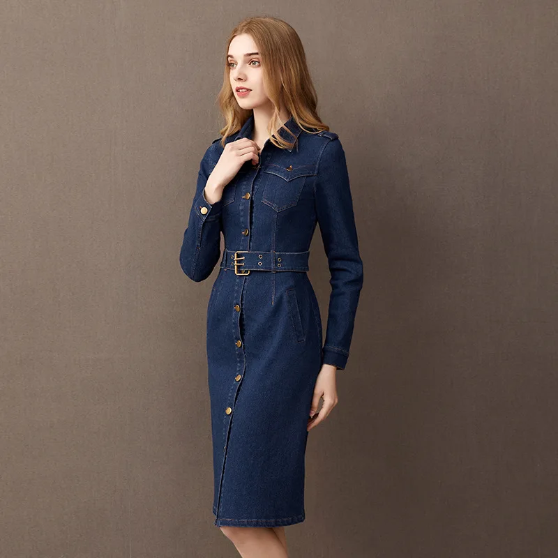 S-3XL Women Mid-length Denim Dresses Spring Autumn Fashion Long-sleeve Adjustable Waist Stretch fabric Slim Cotton Dress Female