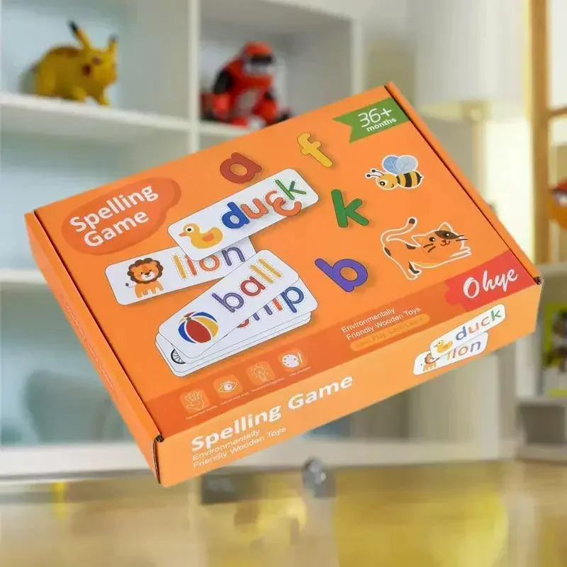 เกมเสริมทักษะการสะกดคำภาษาอังกฤษสำหรับเด็ก: ปริศนาไม้มอนเตสซอรี่ 52 ชิ้น พร้อมการ์ดเรียนรู้ 28 ใบ