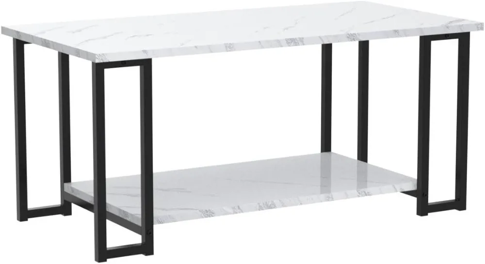 Marble Coffee Table, Faux Marble Top Rectangular Coffee Table with Black Metal Frame, 2 Tier Living Room Table for Living Room