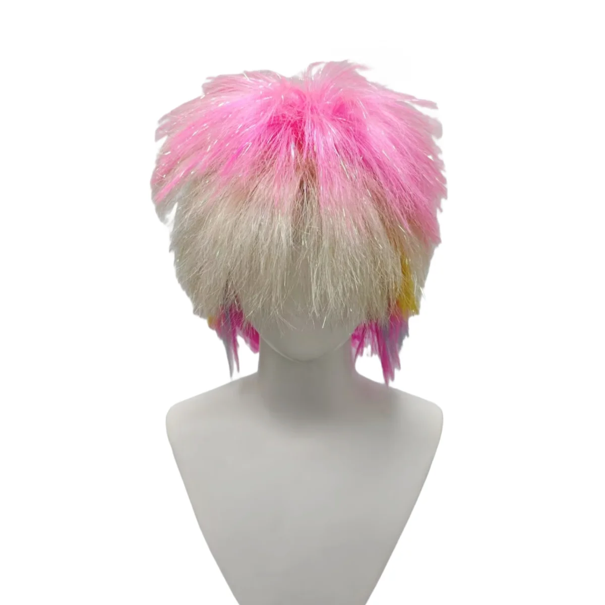 Pastel Rainbow Tinsel Mullet Synthetic Wig, Fluffy Spiky Layered Cut for Rave Festival Halloween Punk Cosplay Party Outfit view 2