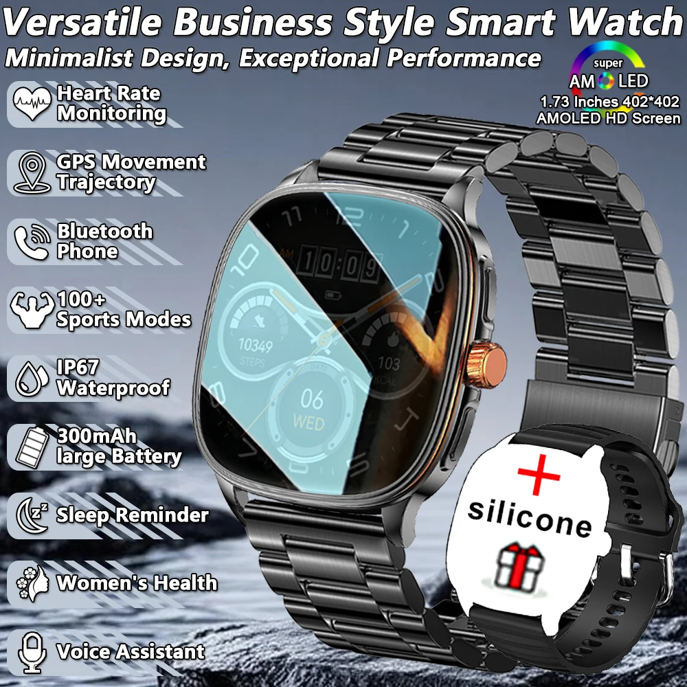 

2025 Новые ультратонкие умные часы унисекс с NFC, 1,73 дюйма, HD AMOLED, мониторинг здоровья, IP68, 100 + спортивные режимы, Bluetooth-вызов, SmartWatch