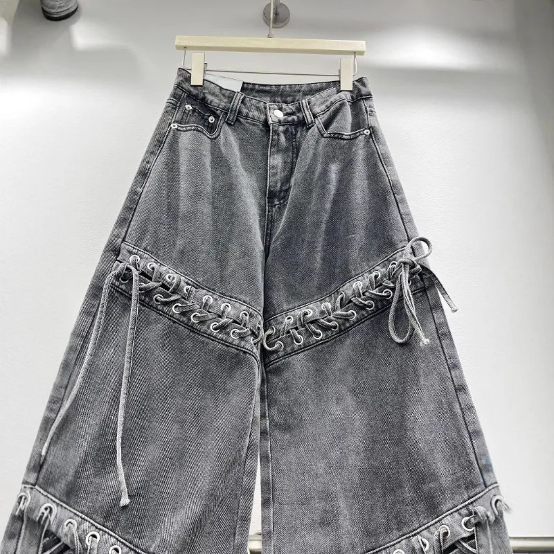 2025 Spring New European Retro Niche Binding Mopping Wide Legs Long Washed Jeans For Women