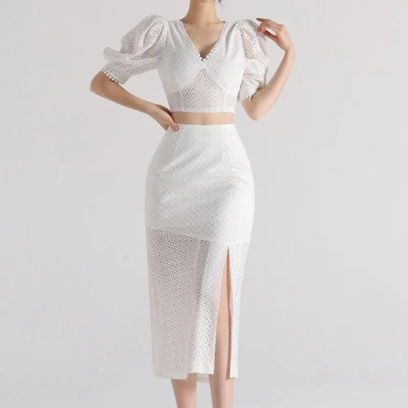 

White Lace Cropped Tops +split Skirts Women Vintage Elegant Puff Sleeve Chic 2 Piece Sets Female Runway Design Skirts Sets