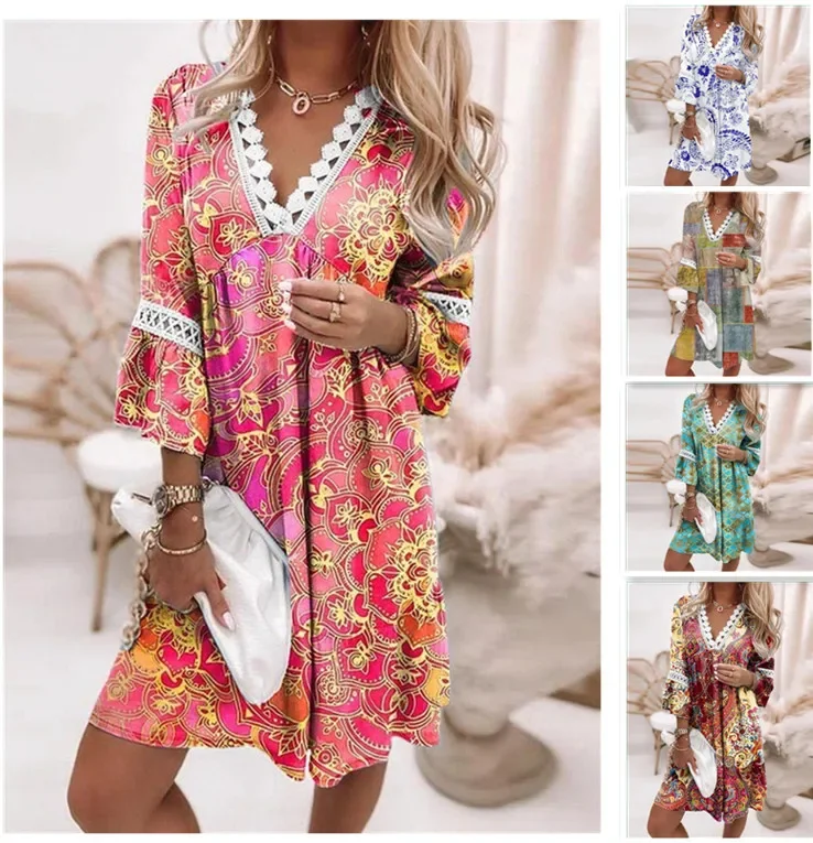 

Женское кружевное мини-платье с цветочным принтом, V-образным вырезом и длинным рукавом