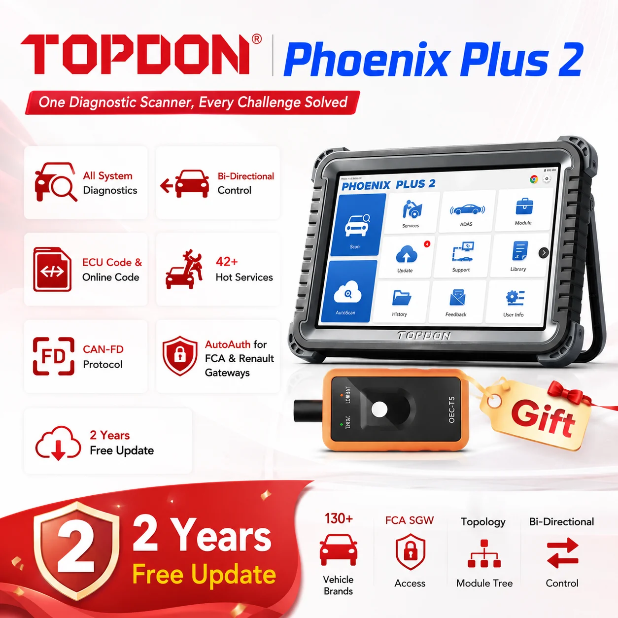 TOPDON Phoenix Plus 2 10,1 Zoll Professioneller OBD2-Diagnosescanner Bidirektionale Steuerung ECU-Codierung CAN-FD V.A.G. Geführte 42+ Servicefunktionen 2 Jahre kostenloses Update