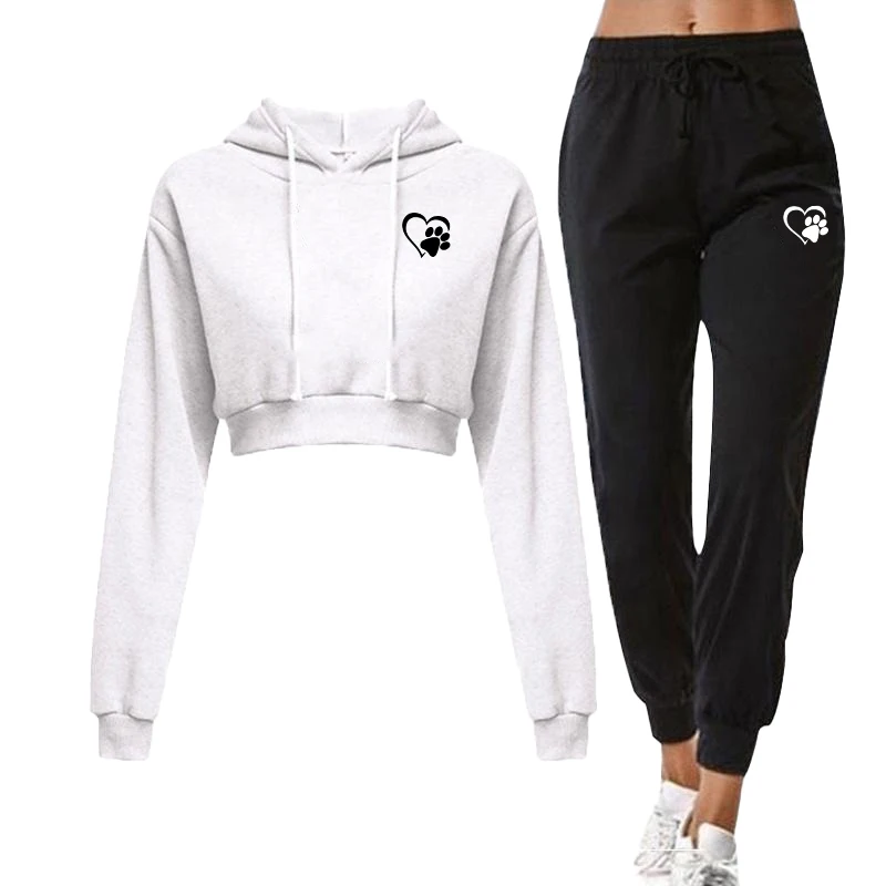 Women's short open navel printed hoodie+sports pants two-piece set of fashionable cat claw printed hoodie and sports pants