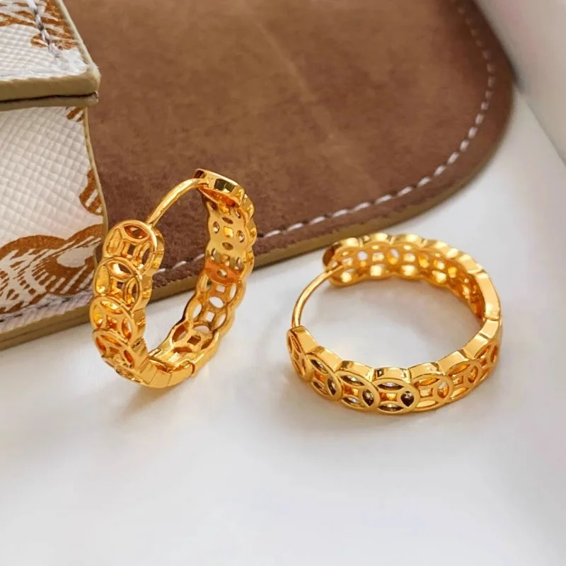 

2025 New AU750 18K Gold Women's Earrings, Ethnic Style Retro Coin Buckle Earrings Jewelry Gift