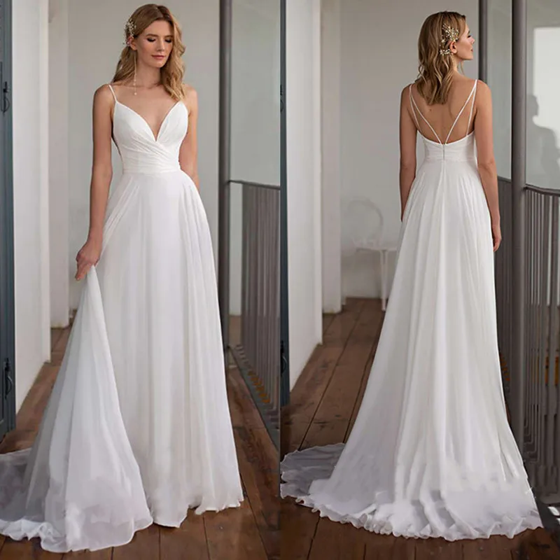 

Simple V-Neck Sleeveless Wedding Dresses Chiffon Spaghetti Straps Open Back Bridal Gowns A-Line Sweep Train Civil Robe De Mariée