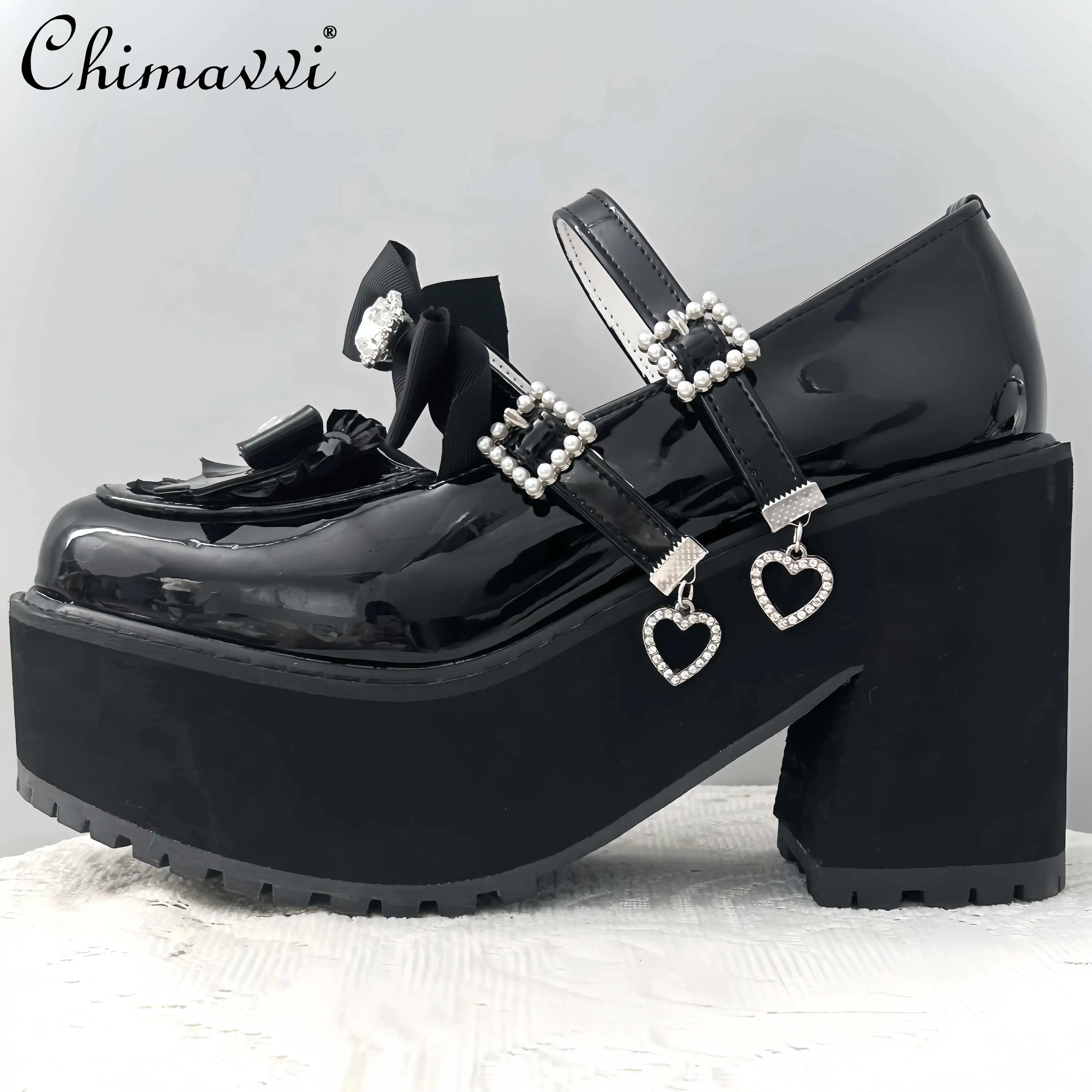 Japanese Mine Style Thick Bottom Asian Culture Women's High Heels New Autumn Sweet Diamond Bow Women's Platform JK Shoes