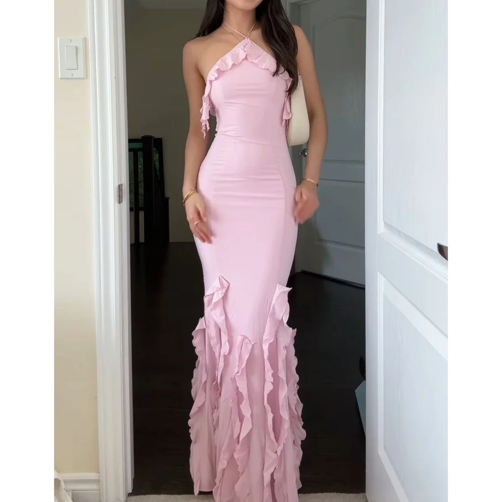 

Розовое Холтер без рукавов бутиковое женское платье для выпускного вечера с оборками и аппликациями Русалка длиной до пола, вечернее платье