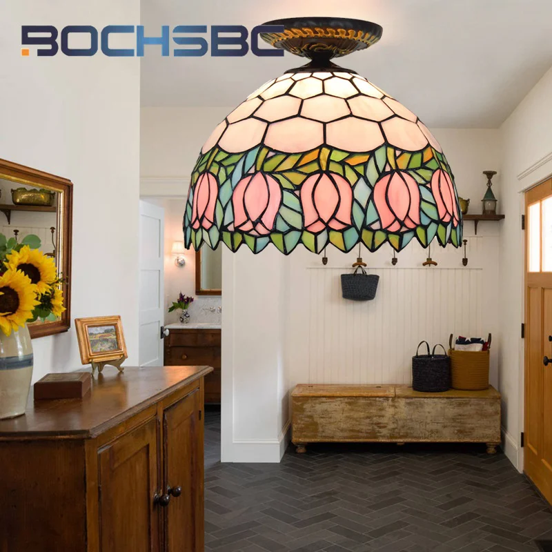 BOCHSBC Tiffany style stained glass pink tulip 12inch Pendant lamp for dining room bedroom hallway ceiling light LED decor