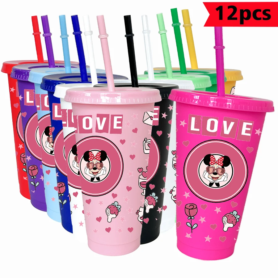 

12pcs/pack Disney Minnie Love 26oz Colorful Plastic Birthday Party Drinking Utensils Juice Coffee Cup
