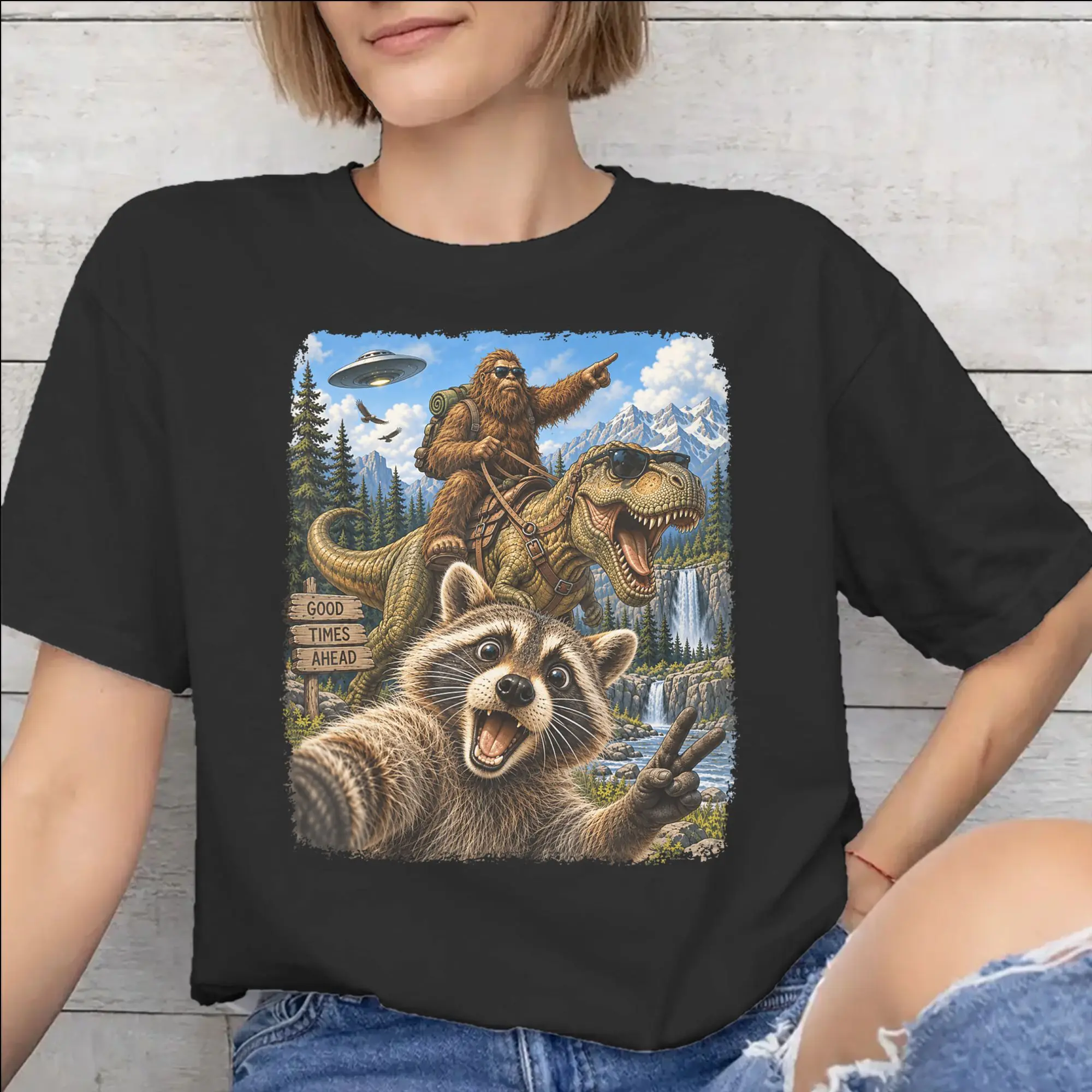 Men Women Funny Bigfoot Ride Dinosaur Raccoon T Shirt Cotton Print T-Shirt  Top Clothing