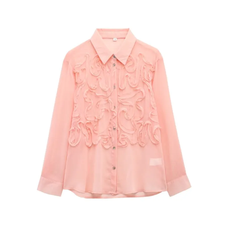 

Розовая блузка с 3D цветком, женская модная шифоновая однобортная рубашка с каскадными рюшами, новинка 2025, летний элегантный шикарный тонкий женский топ