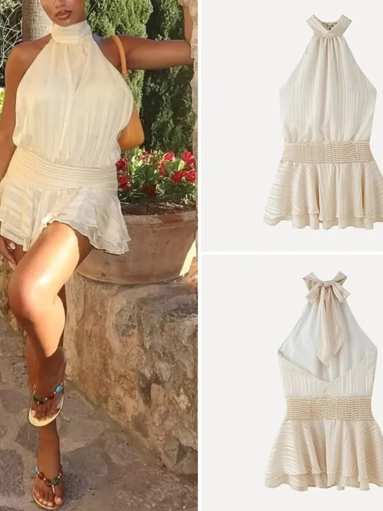 

Elegant Yellow Women Halter Mini Dress Chic Backless Sleeveless Lace Up Loose Layered Ruffle Patchwork Robe 2025 Lady Beach Gown