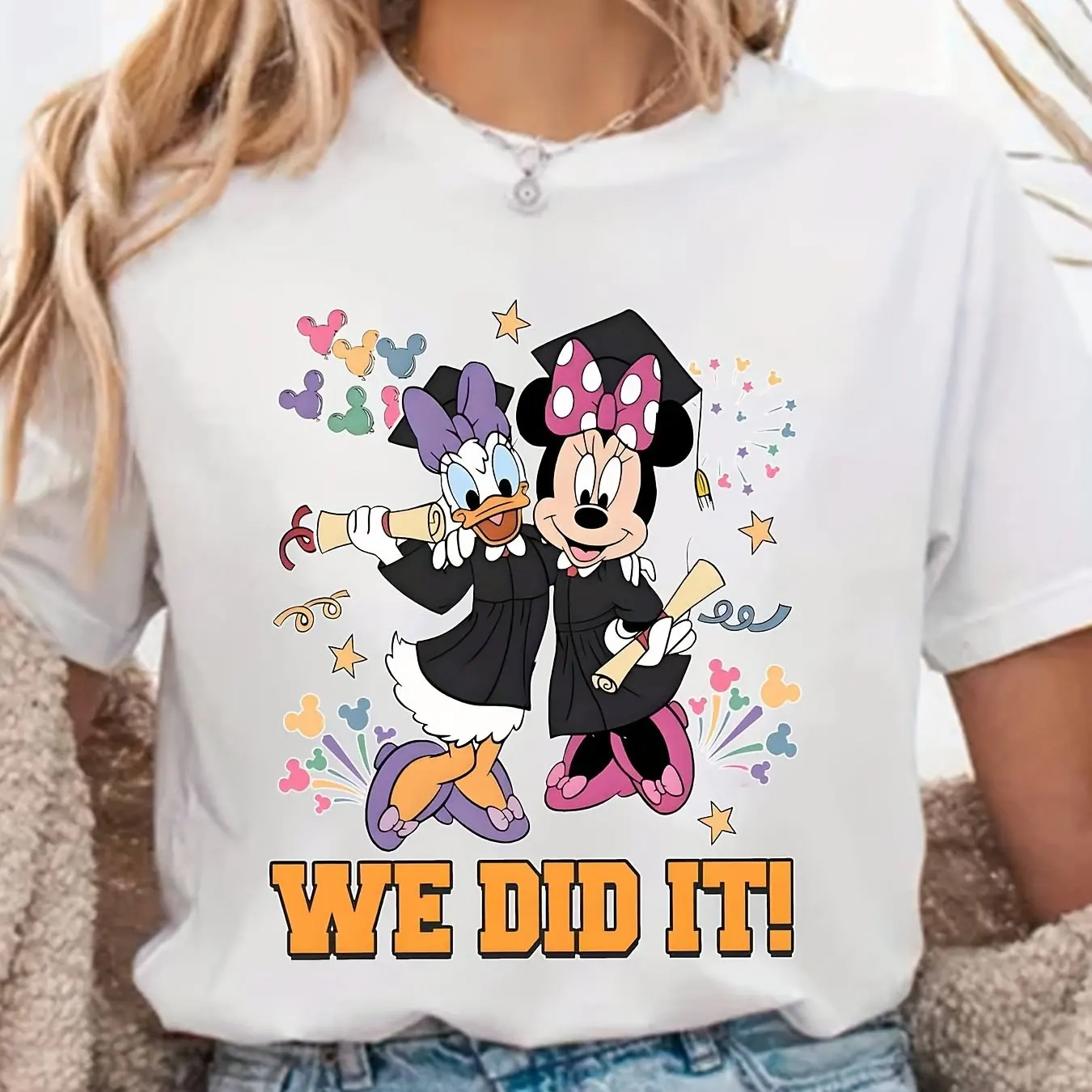 

Disney Mickey and Minnie Mouse "We Made It!" Graduation Celebration T-shirt - Casual Round Neck Short Sleeve T-shirt
