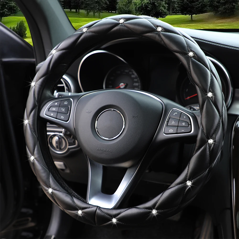Mit Diamanten besetzte Stereo-Lenkradabdeckung aus weichem Leder mit Innenring, passend für 14,5–15 Zoll – Detail 3