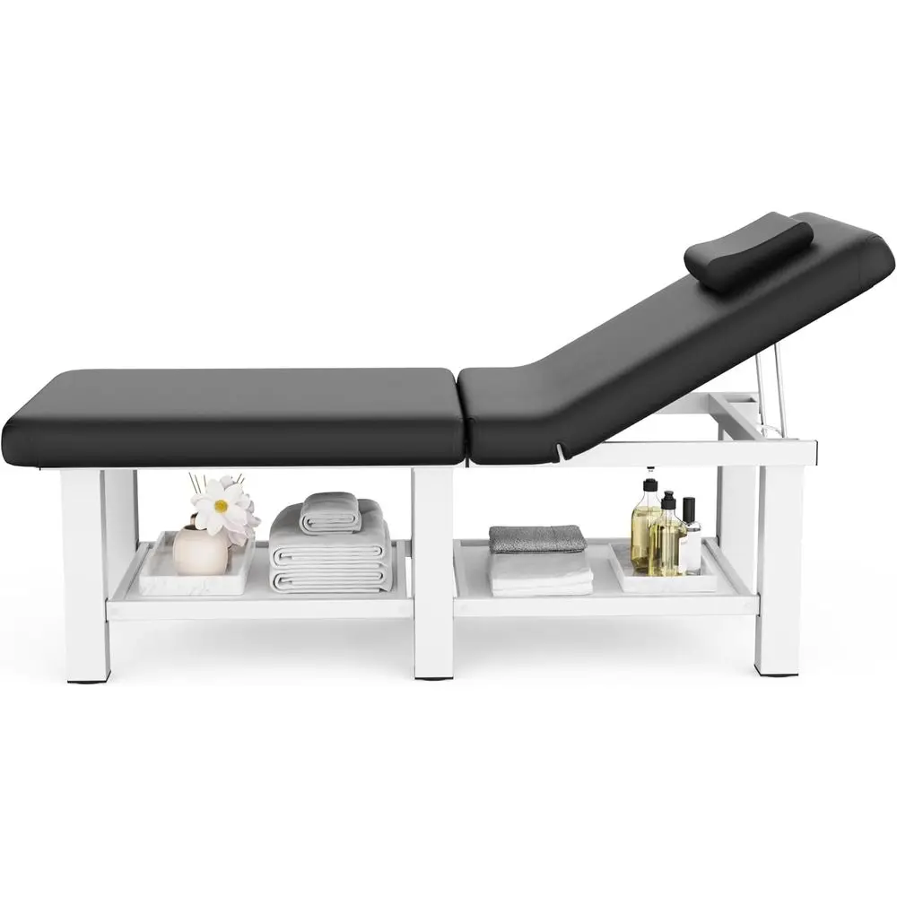 

Массажный стол стационарный 75 дюймов (длина) × 30,5 дюймов (ширина) с регулируемой спинкой, отсеком для хранения и пространством для процедур — черная кожа