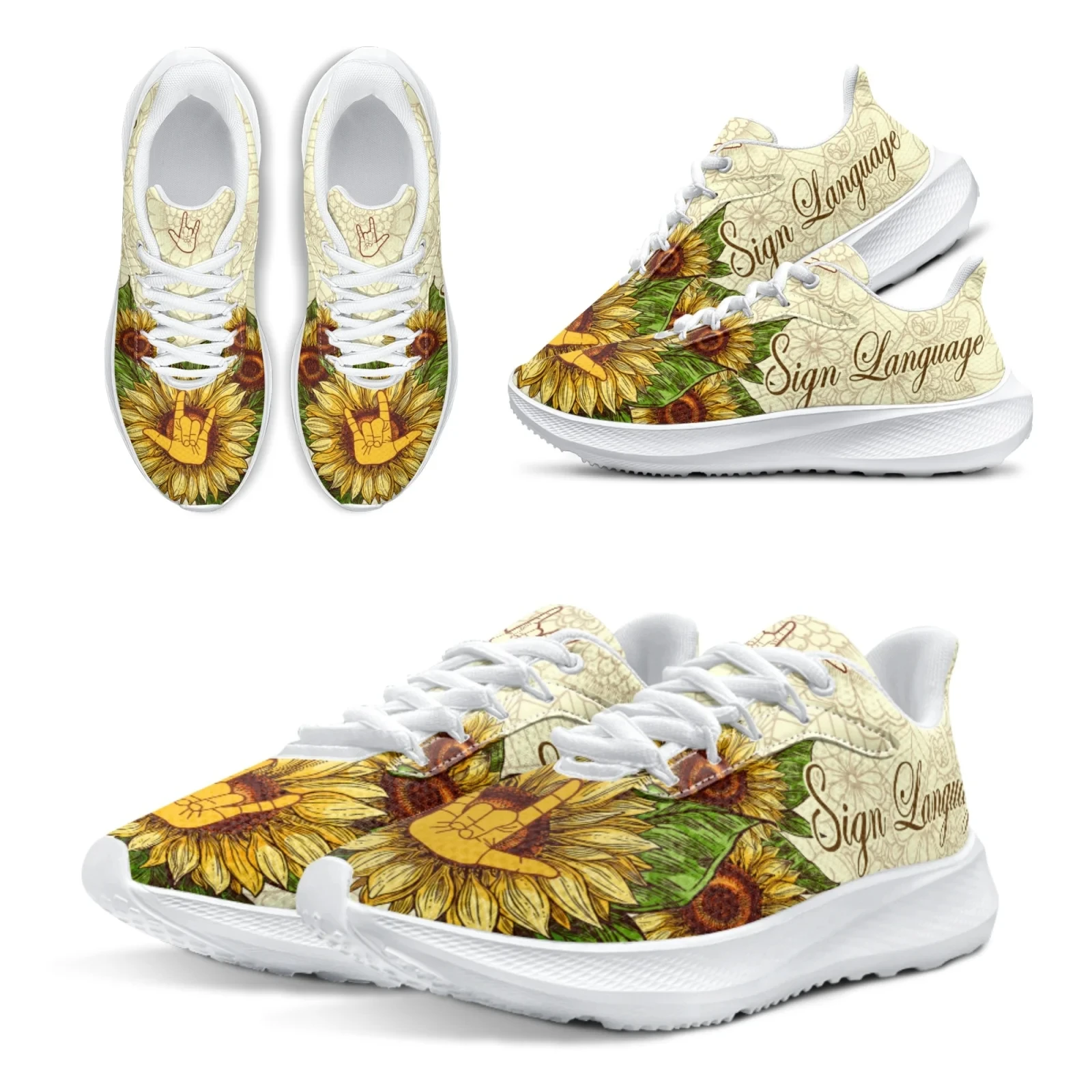 

Fashion Boho Sign Language Printed Luxury Brand Running Shoes Sunflower Women's Hippie Sneakers Girls's Outdoor Casual Shoes