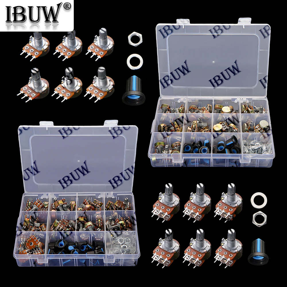 

45 шт./кор. WH148 потенциометр 3-контактный/6-контактный комплект 1k 5k 10k 20k 50k 100k 500k 1 м Ом с синей ручкой 3P 6P