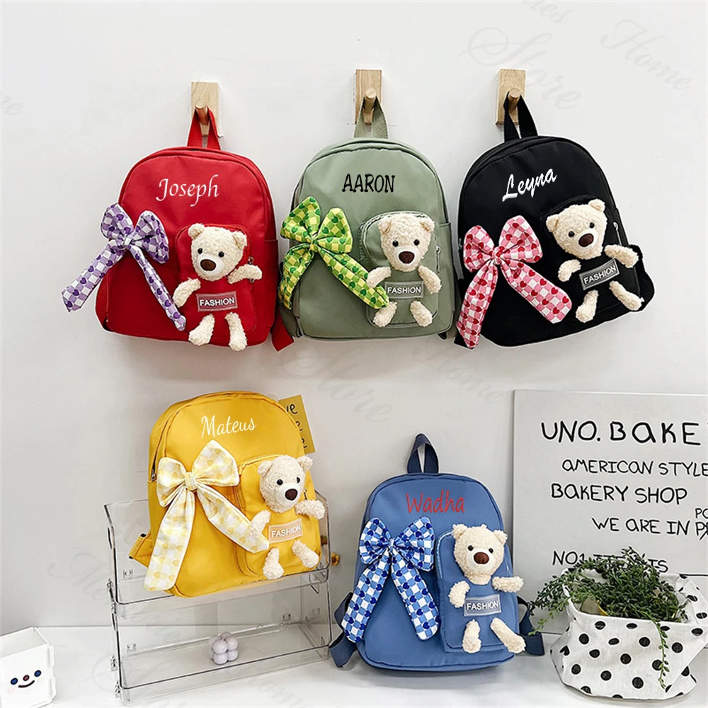 

New 2023 Cartoon Bowtie Children's Bag Personalized Name Kindergarten Bear Doll Children's Schoolbag Little Girl's Gift Backpack