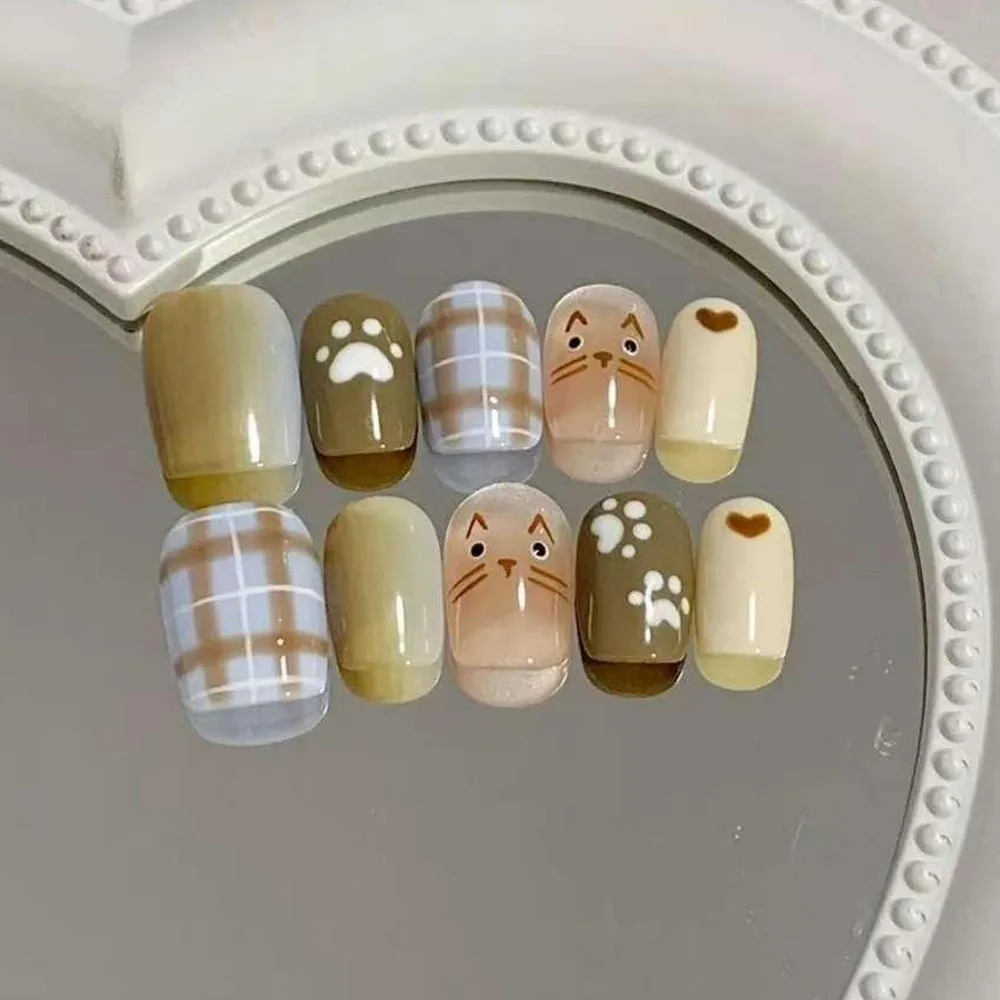 

24PCS Wearable Manicure Autumn Hand Painted Cute Cat Autumn Winter Maillard False Nail Patch Removable Press on Nails for Girls