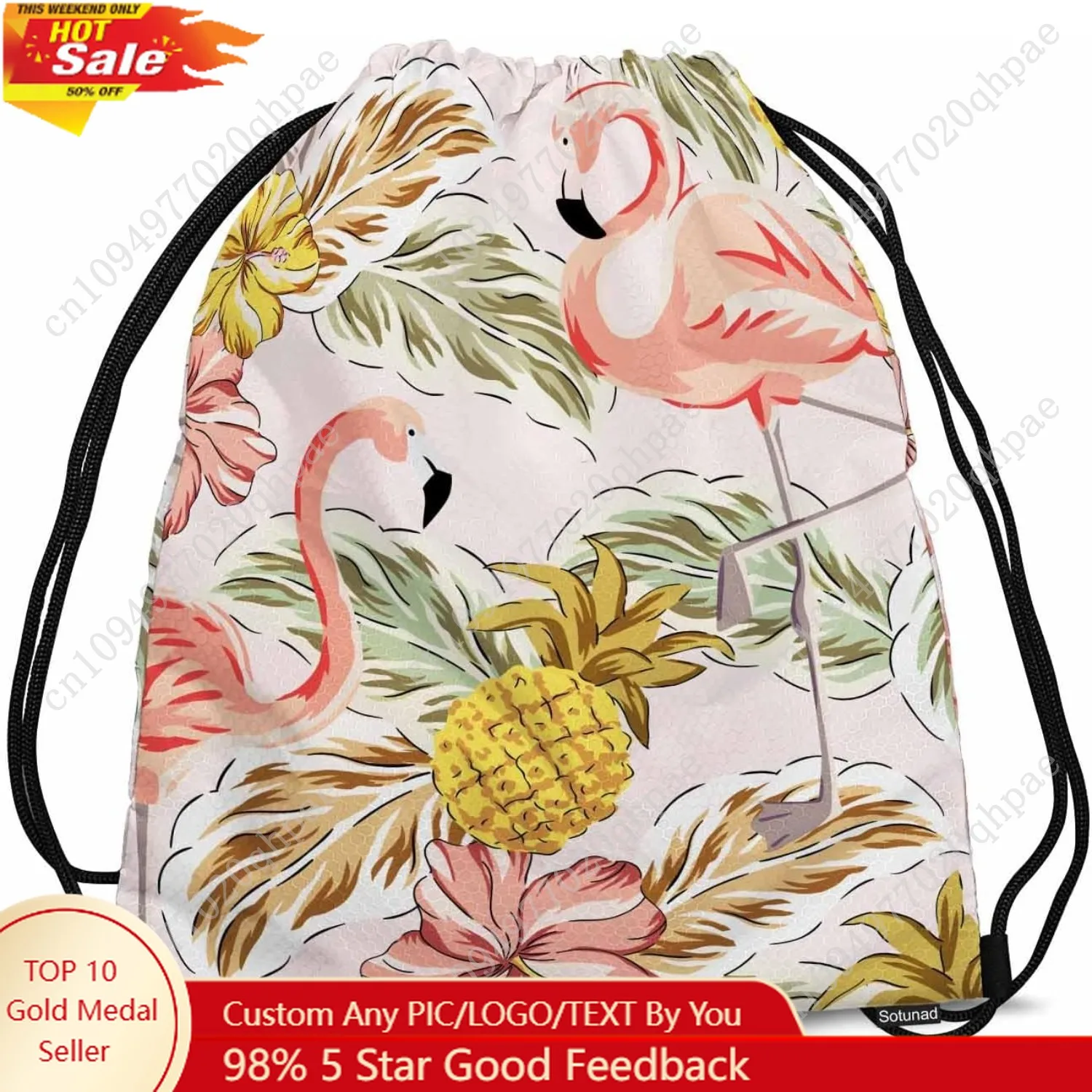 

Drawstring Backpack Bag Sports Gym Sack Pink Flamingo Birds Pineapples Hibiscus Flowers Tropical Palm Leaves Shoe Bag for Women