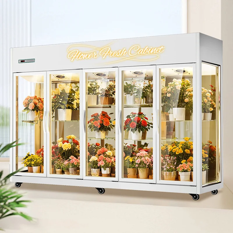 Customize 5-Door 2-Shelf Upright Floral Showcase FridgeFan Frost Free Digital Temperature Control Refrigeration Equipment Flower