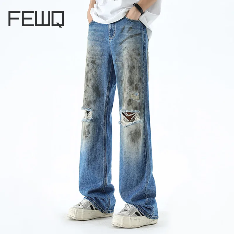 

FEWQ American High Street Darkwear Loose Straight Broken Jeans 2024 Vintage Male Trousers New Korea Fashion Casual 24E1347