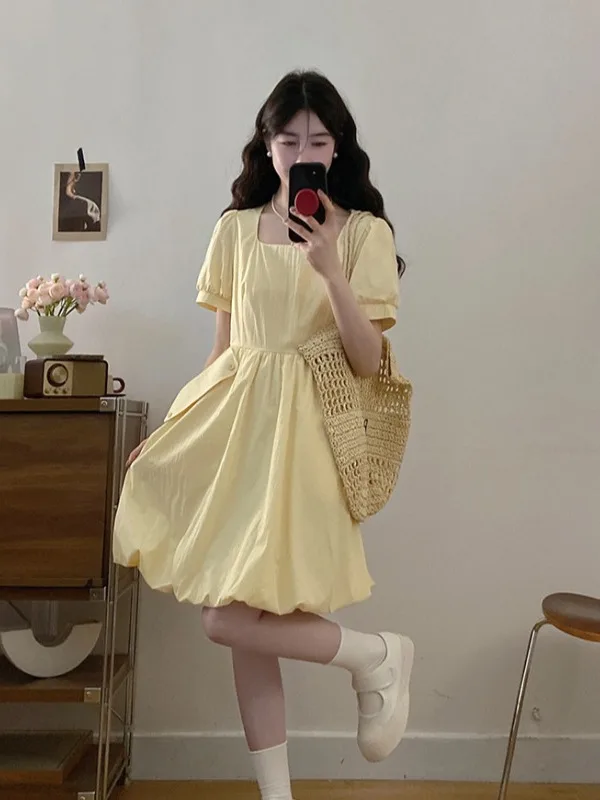 

plus Size Women's Summer Slimming ort Sve Dr Square Collar A-Line Flower Bud Skirt High Waist Commute Sle Bright Th...