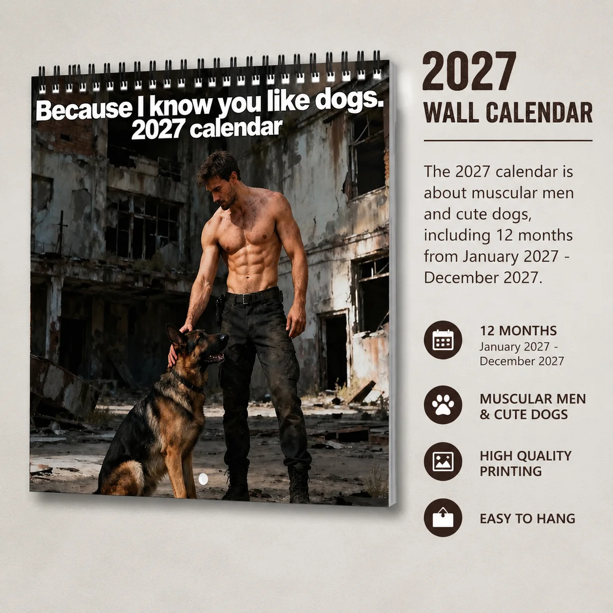 2027 Wall Calendar is About Muscular Men and Cute Dogs Including 12 Months from January 2027 Decembe Thoughtful Designs Gifts