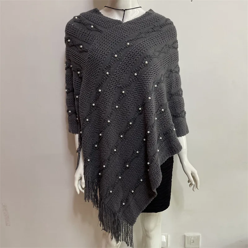 

European American Women Spring Autumn New Lazy Wind V-neck Tassel Nail Bead Cloak Sweater Lady Scarf Cloak keep Warm Gray