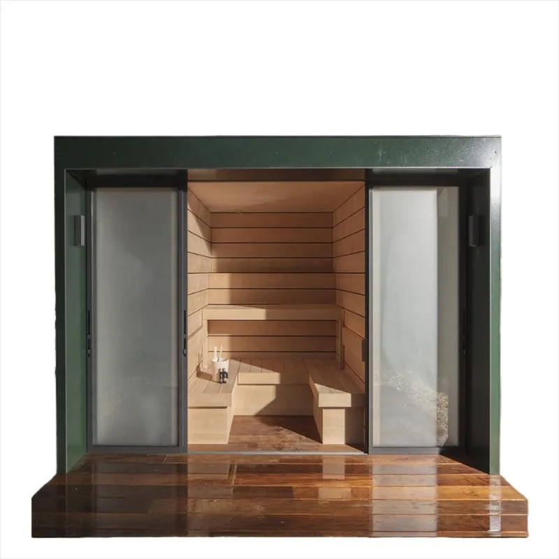 Compact Outdoor Wooden Smart Sauna Room, Equipped With Full-length Glass Doors And Stone Heaters