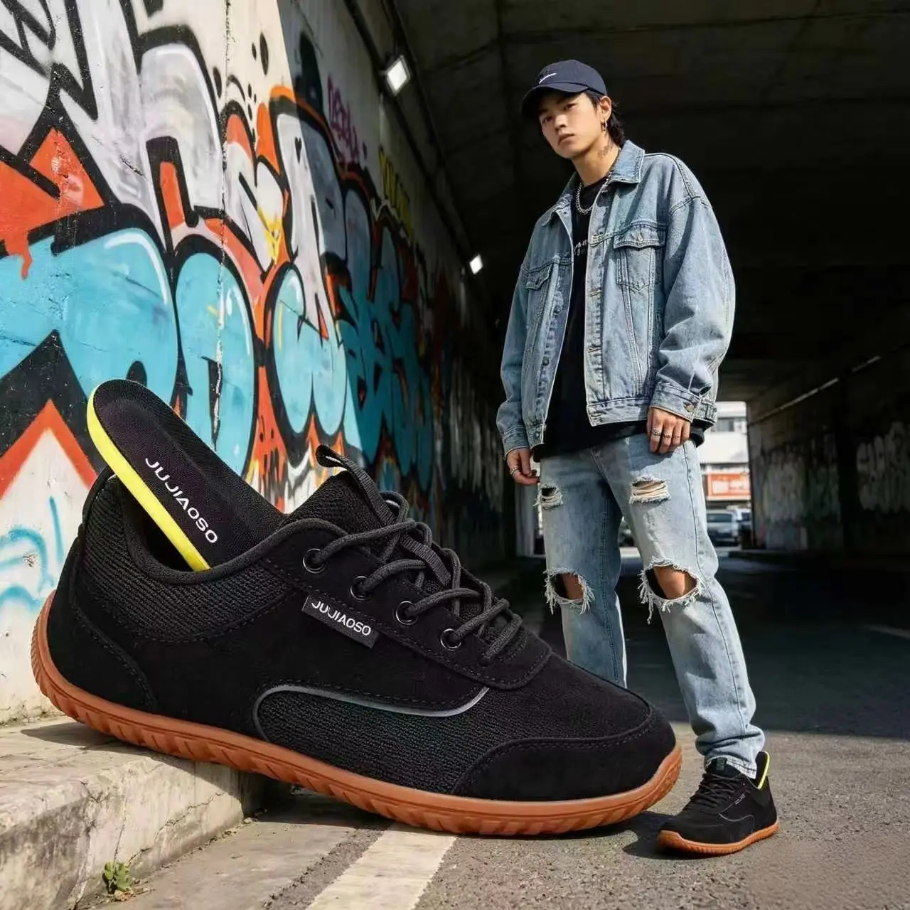 Men's Minimalist Barefoot Sneakers, Zero-Drop Casual Walking Shoes, Breathable Mesh Non-Slip Lightweight Travel Shoes, Sports Lace-Up Wide-Toe Shoes, Outdoor All-Black