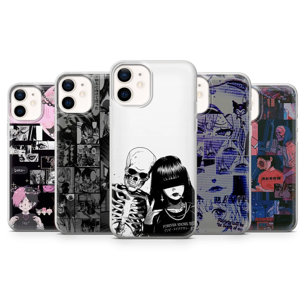 Grunge Anime Manga Collage Soft Phone Case for iPhone 15 14 13 12 Mini 11 Pro Max XS XR 7 8 Plus SE Black Silicone Coque Cover