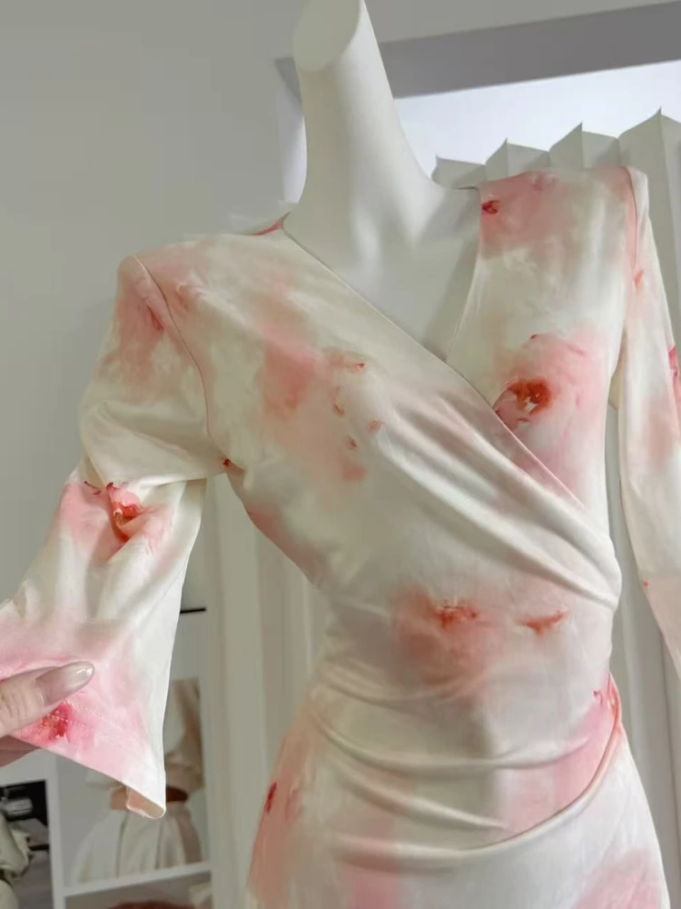 Lente Herfst Nieuwe Vintage Mode Elegante Jurk Vrouwen Bloemenprint V-hals Lange Mouw Kant-up Gebreide Jurk Slim Fit Feestjurk