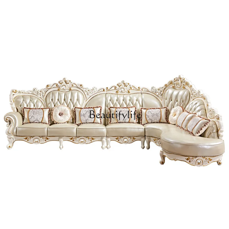 European all-solid wood corner large apartment combination L-shaped gold-painted first-layer leather concubine sofa