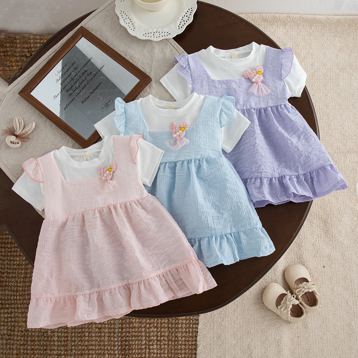 

Summer Baby Girl Pink Dress Cute Details Ruffled Hem Short Sleeve Princess Dress Elegant Girl Party Dress