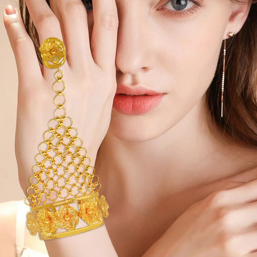 AU999 24K pure gold women hollow flower bangle ring connected chain, peaceful lucky talisman jewelry as holiday gifts for ladies